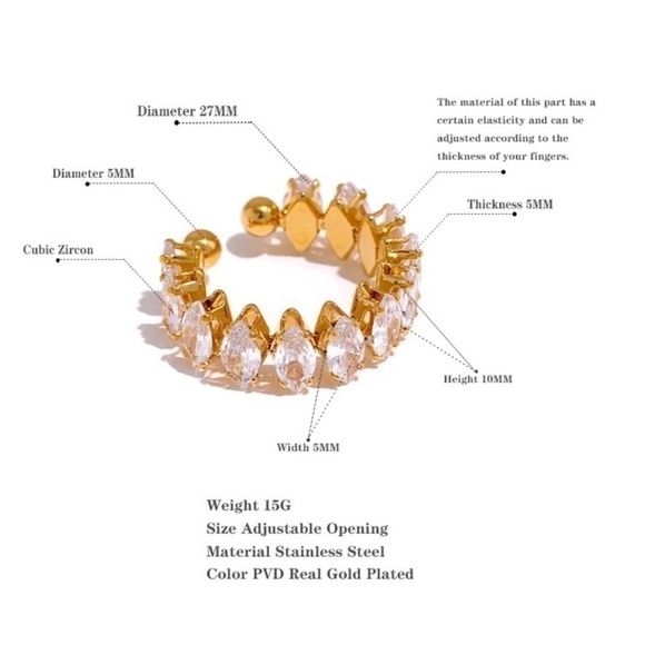 18k Gold Plated Luxury Shiny Cubic Zircon Adjustable Ring - Picture 5 of 8